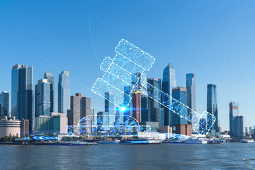 New York City skyline from New Jersey over the Hudson River towards the Hudson Yards at day....