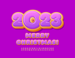 Vector happy Greeting Card Merry Christmas 2023! Donut Kids Font. Violet glazed Alphabet Letters and Numbers