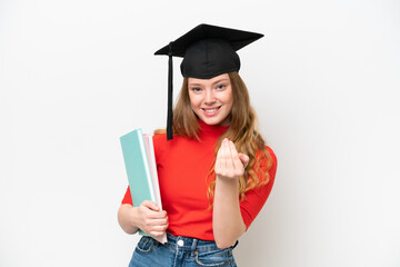 Young university graduate woman isolated on white background inviting to come with hand. Happy that you came