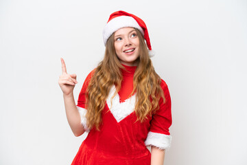 Young caucasian woman with Christmas dress isolated on white background pointing up and surprised