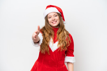 Young caucasian woman with Christmas dress isolated on white background shaking hands for closing a good deal