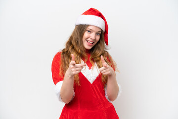 Young caucasian woman with Christmas dress isolated on white background pointing to the front and smiling