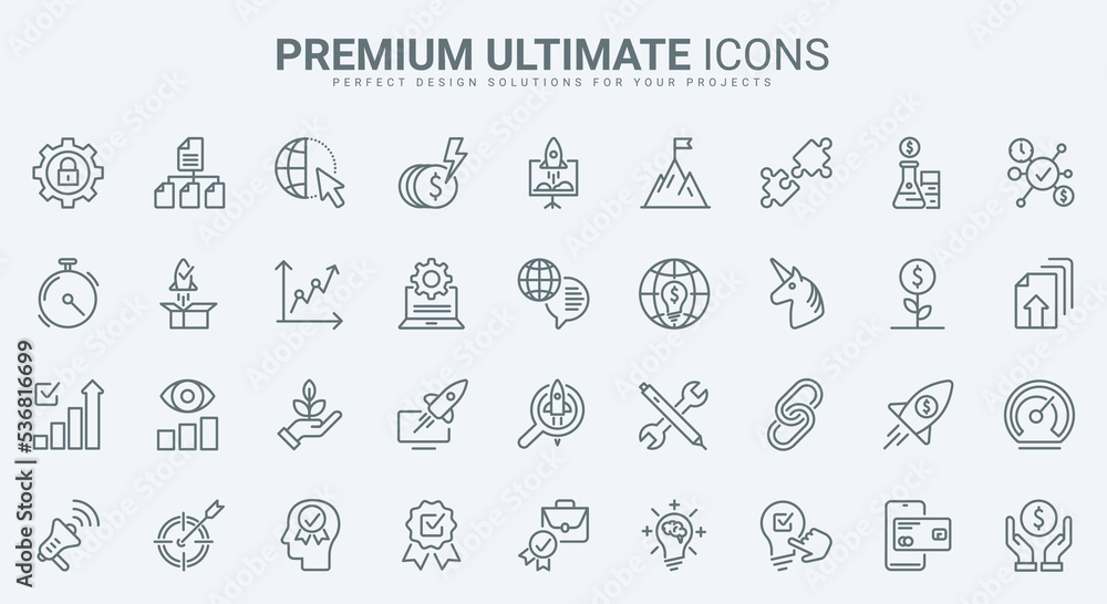 Poster startup technology, project development thin line icons set vector illustration. outline success sol