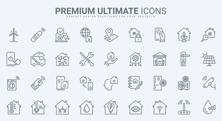 Smart home technology thin line icons set vector illustration. Outline automation of digital house system and wireless access to devices, light and temperature, energy power and appliances support