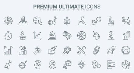 Startup technology, project development thin line icons set vector illustration. Outline success solution analysis, investment in creative idea, online product marketing and company organization