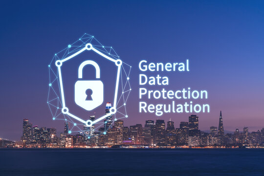 Skyline of San Francisco Panorama at Illuminated night time from Treasure Island, California, United States. GDPR hologram, concept of data protection regulation and privacy for all individuals