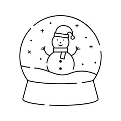 Christmas crystal snow globe icon with snowman. Magic glass ball for winter christmas holiday concept in simple linear style. Editable stroke. Doodle vector illustration.