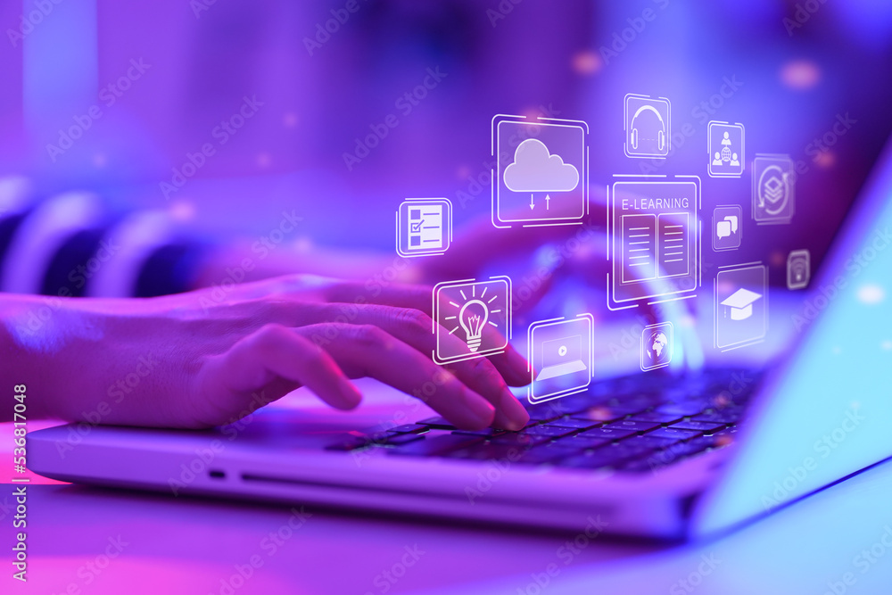 Poster e-learning education concept, learning online with webinar, video tutorial, internet lessons. E-learning Education Internet Technology Webinar Online Courses concept.