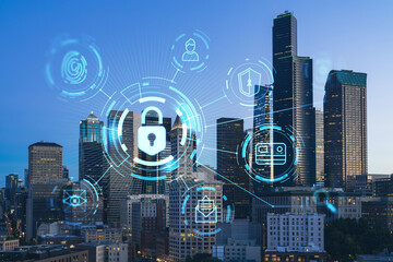 Obraz na płótnie Canvas Illuminated aerial cityscape of Seattle, downtown at night time, Washington, USA. The concept of cyber security to protect confidential information, padlock hologram