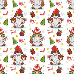 Seamless Pattern Santa Claus With Cute Gnome, Christmas Cartoon Illustration