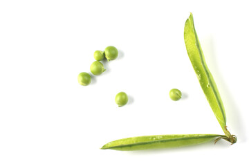 Pea pods on a white background, green peas in a pod