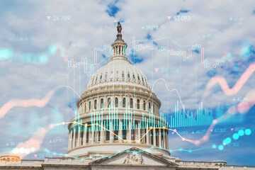 Capitol dome building exterior, Washington DC, USA. Home of Congress, Capitol Hill. American political system. Forex graph hologram. The concept of internet trading, brokerage and fundamental analysis - obrazy, fototapety, plakaty