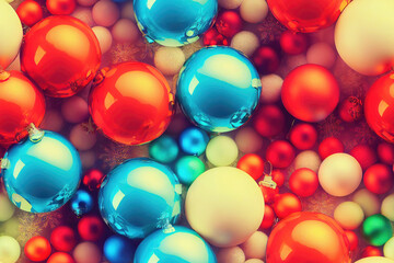 Christmas background of closeup of shiny christmas ornaments