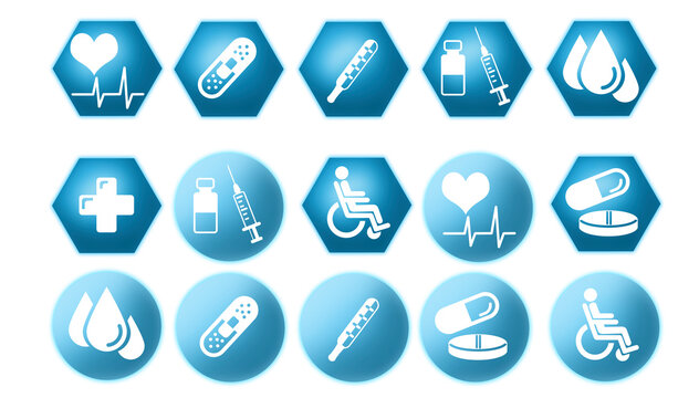 Various Blue Medical Icons In Circle And Hexagon 