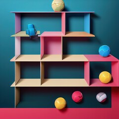 Symmetrical abstract with balls on shelf. 3d rendered illustration.