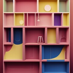 Bookshelf pattern with objects on rafts and colors. 3d rendered illustration.