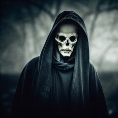 Fototapeta na wymiar Computer generated halloween grim reaper skull face hooded figure 3D illustration. A.I. generated art. 