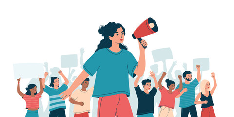 Woman with loudspeaker and angry crowd on protest, strike. Concept peaceful demonstration of human rights. Group of diverse people, students at picket. Isolated flat vector illustration - obrazy, fototapety, plakaty