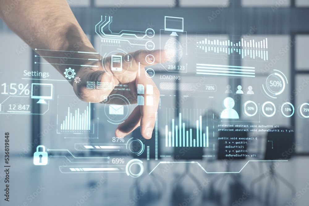 Aufkleber businessman hand pointing at creative glowing business chart interface hologram on blurry office int