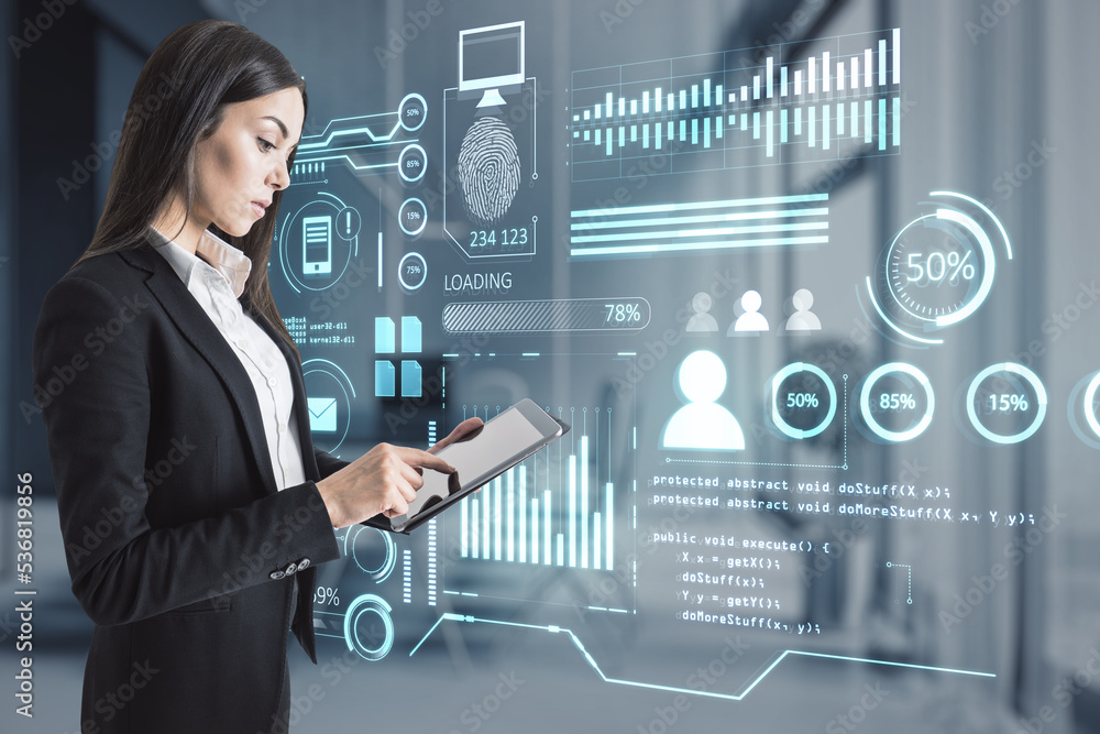 Poster businesswoman using tablet or mobile phone with creative glowing business chart interface hologram o