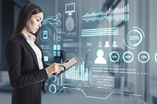 businesswoman using tablet or mobile phone with creative glowing business chart interface hologram on blurry office interior background. Company digital data, guide and computer analysis concept. - Powered by Adobe