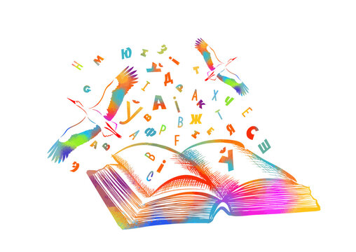 Multicolored book with letters and flying birds. Vector illustration