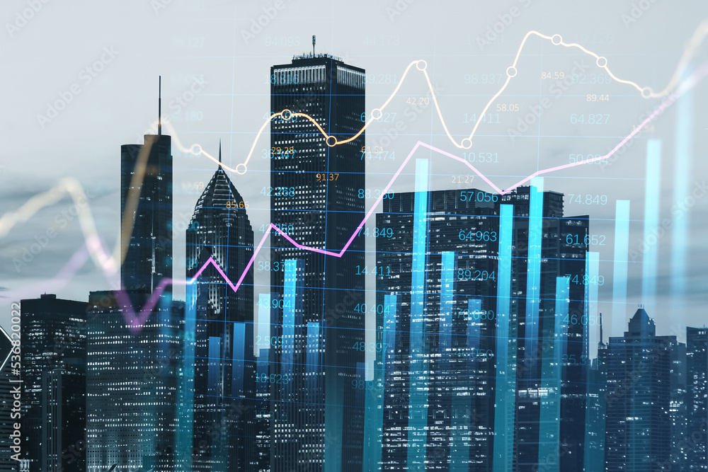 Poster Development and growth property price concept with raising up financial graphs and indicators on night city skyscrapers background, double exposure