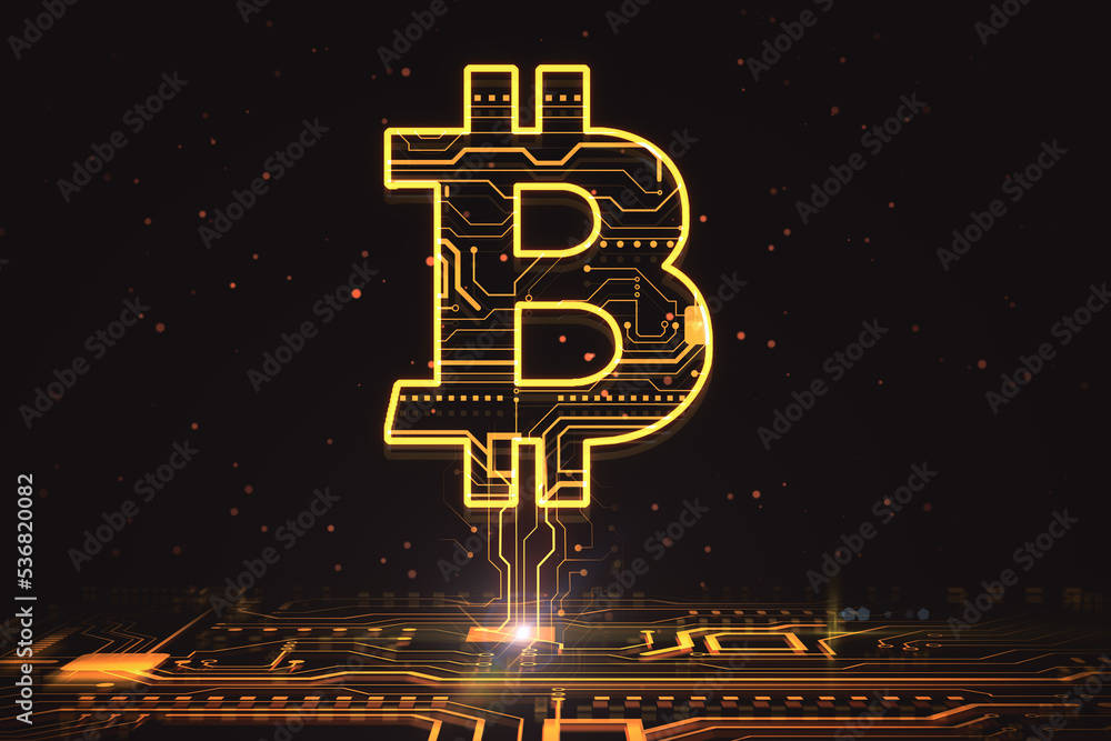 Poster Digital money and blockchain concept with crypto currency glowing bitcoin sign connected to yellow circuit on abstract dark background. 3D rendering