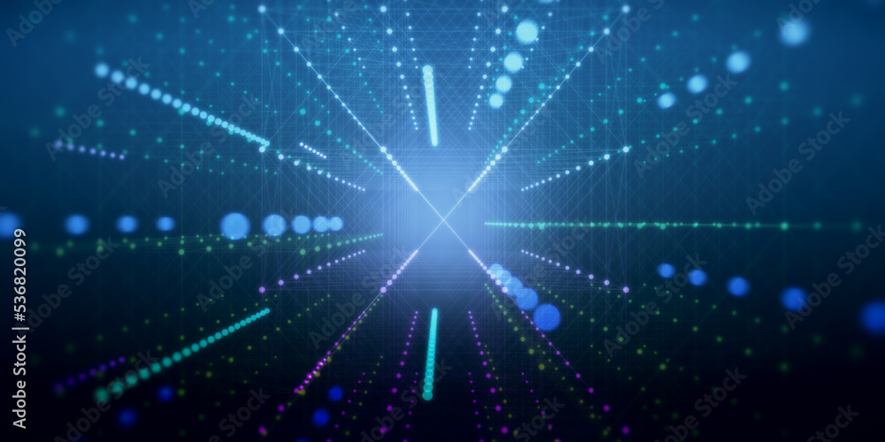 Poster abstract digital graphic wallpaper with disco style situated glowing dots and lines. 3d rendering