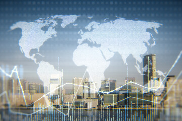 Abstract glowing map hologram on blurry city texture. Digital international network, technology and...