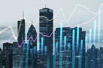Development and growth property price concept with raising up financial graphs and indicators on night city skyscrapers background, double exposure
