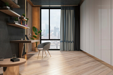 Cozy sunlit cabinet with wooden work place and floor, light and dark walls and city skyline view from big window. 3D rendering