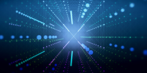Abstract digital graphic wallpaper with disco style situated glowing dots and lines. 3D rendering
