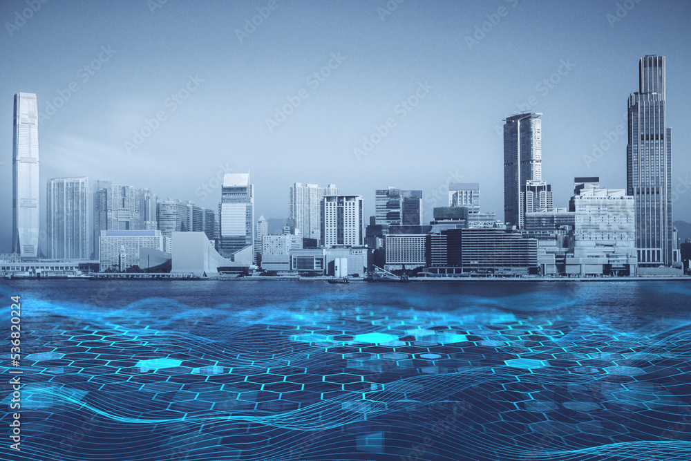 Poster creative blue hexagonal blurry city background with mock up place in sky. technology, design and lan
