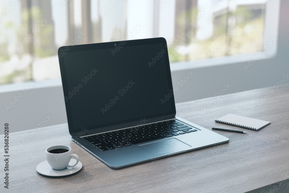Poster close up of empty laptop on wooden desktop with coffee cup, notepad, pen, mock up place on screen, b