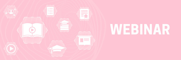 Pink Webinar Online Learning Banner Background with Icons for Female Seminar