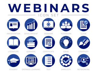 Round Blue Webinar Icon Set. Presentation, Development, Webinars, Networking, Teamwork, Guide, Literature, Learning, Certificate, Ideas, Creativity, Distance Learning, Student, Test, Simplicity Icons.