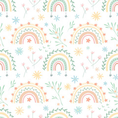 Cute rainbows in boho style with floral motif. Doodle seamless pattern with abstract elements. Pastel beige and green minth colors. Vector background for cards and children illustrations, kids bedroom