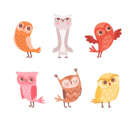 Funny Owlet with Big Eyes as Comic Nocturnal Bird Vector Set