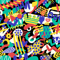 vector variety modern colorful doodle geometric overlapped seamless pattern on black