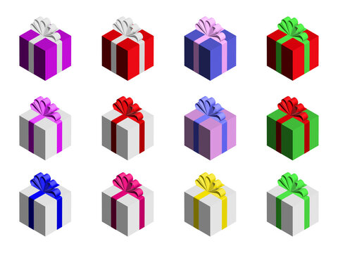 Set Of Different Colorful Present Gift Boxes For Chrismtas Or Birthday Gift Boxes.