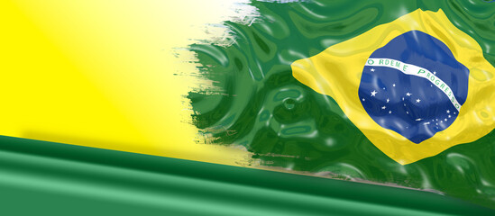 3D ILLUSTRATION WITH BRAZILIAN FLAG WITH YELLOW AND GREEN BACKGROUND WITH SPACE FOR TEXT