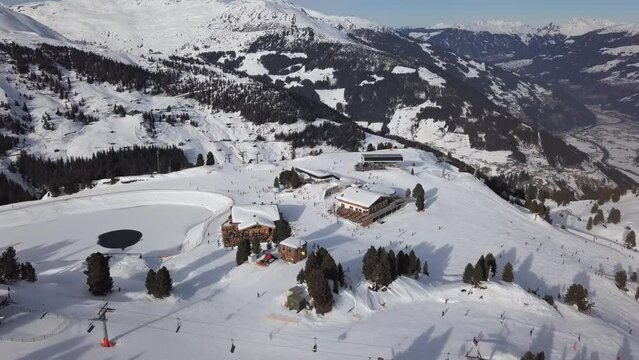 Skiers on ski slope in Mayrhofen aerial