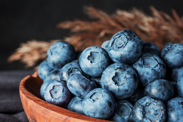 Blueberry in  wooden bawl Ripe and juicy fresh picked blueberries closeup