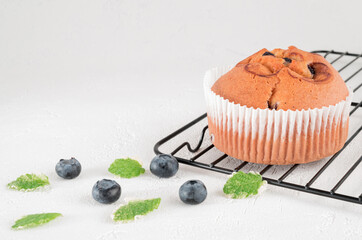 blueberry muffin and fresh scattered blueberries with on a white surface.