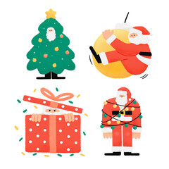 Set of Santa Claus with Christmas tree, gift, bauble and decorative light hand drawn illustration. - 536822030