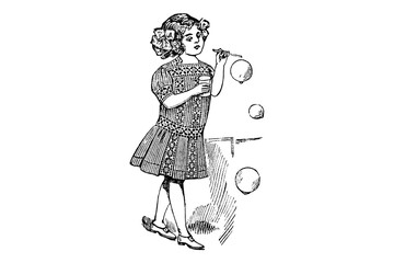 Stylish Girl playing with soap bubbles– Vintage Illustration