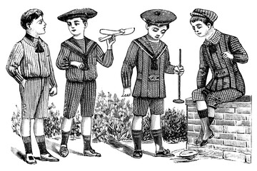 Stylishly dressed Boys playing at the park – Vintage Illustration