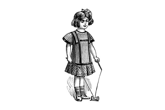 Stylish Girl playing  with a spinning top – Vintage Illustration