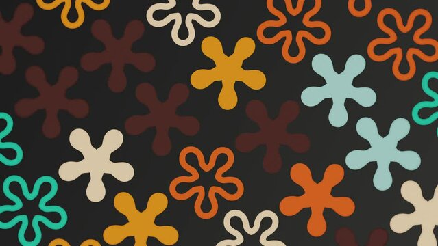 Trendy 1970s retro floral design pattern motion background animation. This vintage styled background with colorful flower shapes in warm color tones is 4K and a seamless loop.